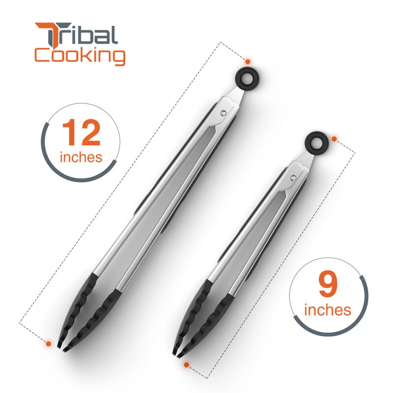 Tribal Cooking Kitchen Tongs with Silicone Tips - Stainless Steel tongs for cooking - 9" and 12" Tongs With Silicone Rubber Non Slip Grips, Heat Resistant Metal Tongs. - Image 3